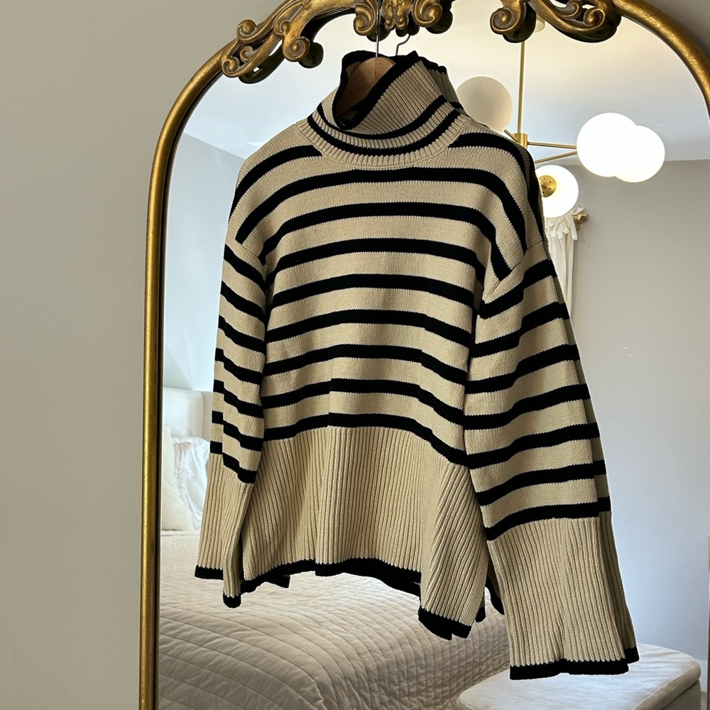 Striped Black and Cream Turtleneck Sweater